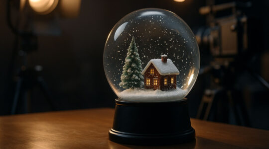 Gros plan sur une boule à neige posée sur une table de studio, avec projecteurs et caméra en arrière-plan, dans une ambiance de tournage chaleureuse et feutrée