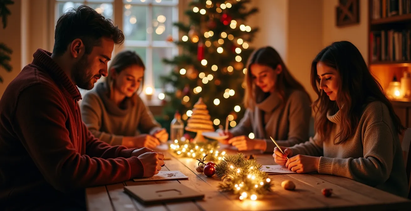 Atelier créatif de Noël pour adultes dans un environnement chaleureux et élégant avec décorations festives et ambiance lumineuse douce