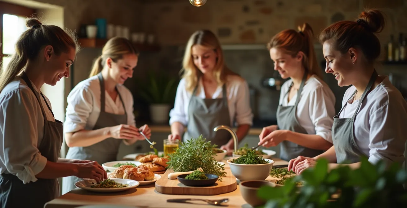 Groupe de femmes préparant un atelier cuisine provençale avec un chef professionnel