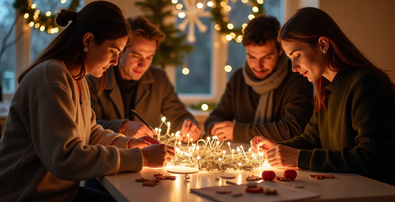 Atelier créatif de Noël élégant avec participants concentrés autour d'une table décorée, ambiance lumineuse douce
