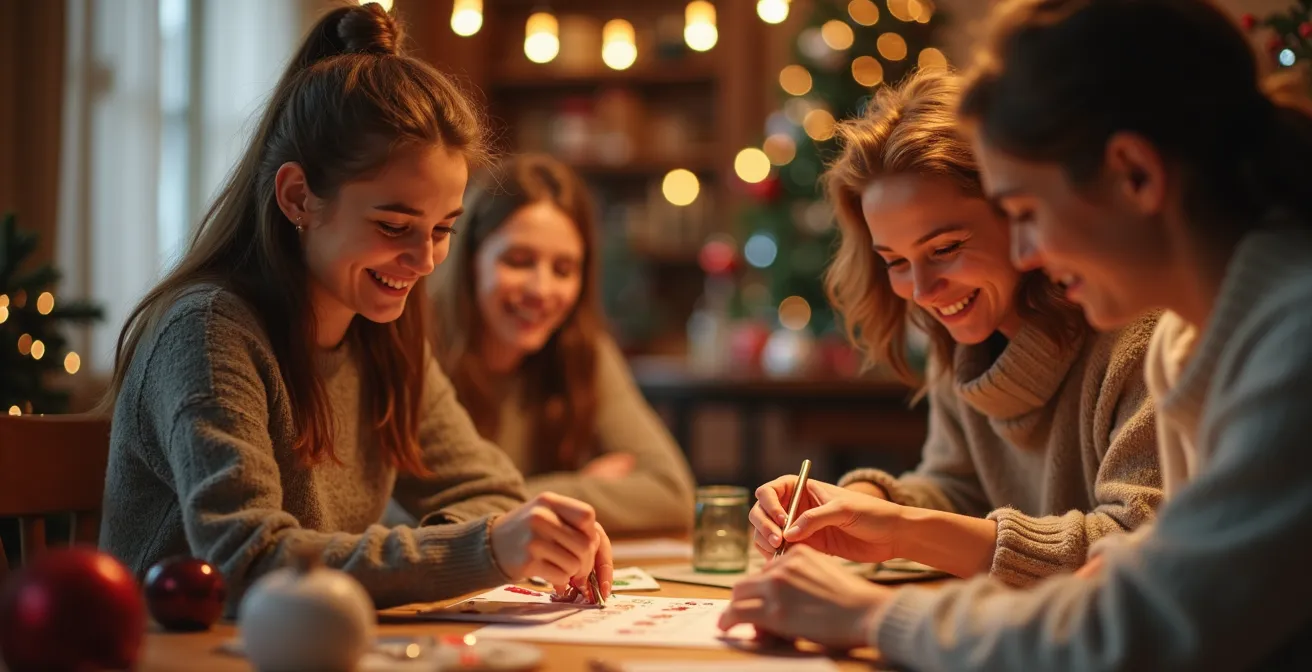 Groupe d'adultes souriants lors d'un atelier créatif de Noël, lumière chaude et décor festif