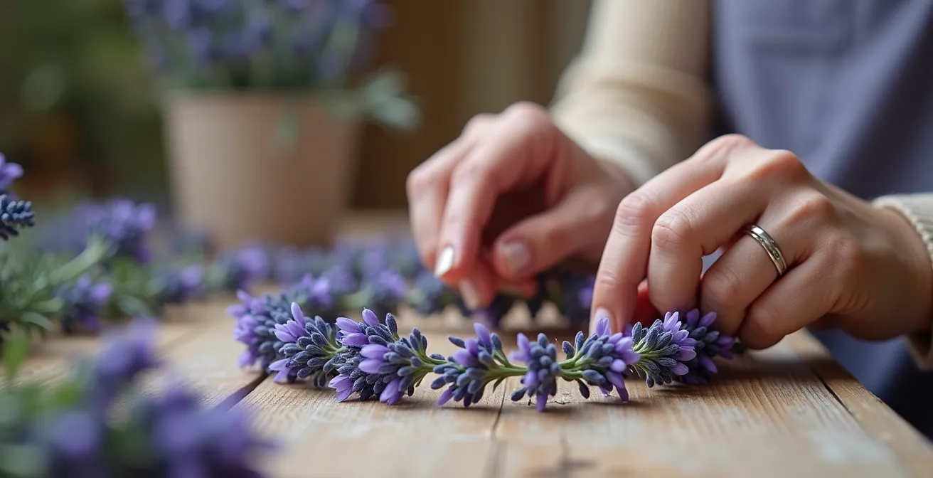 Gros plan sur un atelier créatif de couronnes de fleurs de lavande dans un cadre provençal