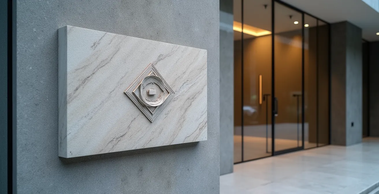 Entrée d'un immeuble de bureaux contemporain avec plaque de pierre gravée intégrée à l'architecture, montrant l'harmonisation entre matériaux modernes et tradition