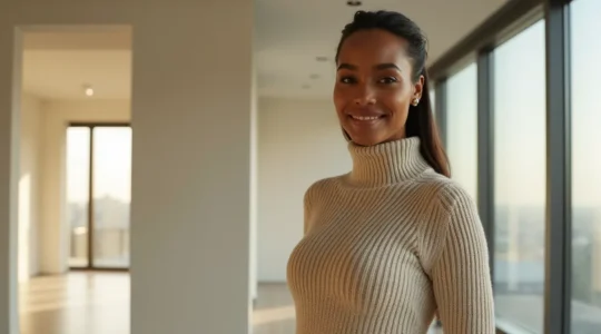 Femme portant un pull en maille parfaitement adapté à sa morphologie, dans un environnement lumineux et naturel