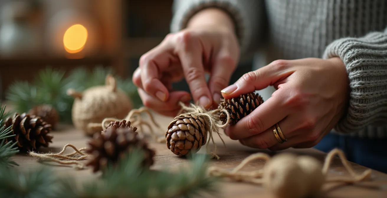 Gros plan sur des mains d'adultes en train de fabriquer des objets de Noël avec matériaux naturels et textures fines
