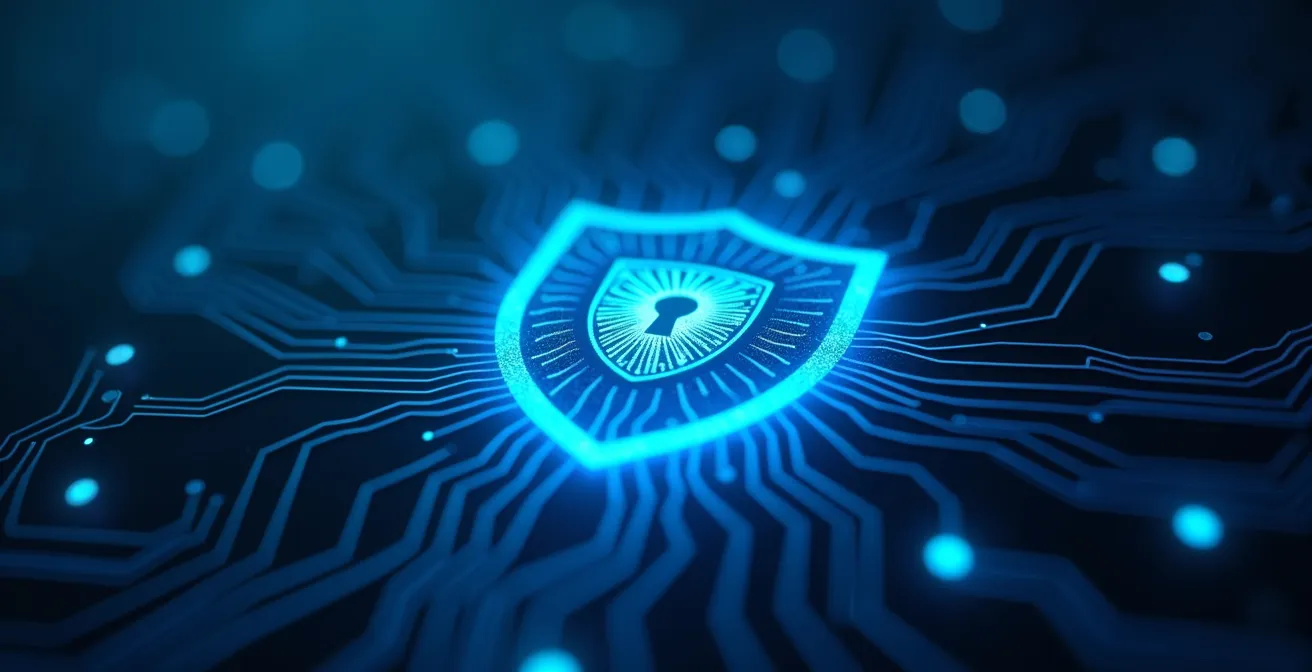 Concept symbolique d’un bouclier protecteur numérique représentant la gestion des vulnérabilités en cybersécurité pour assurer la fiabilité IT