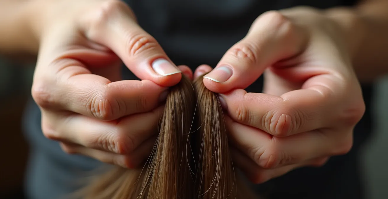 Gros plan sur deux mains tenant délicatement des mèches de cheveux fins et épais pour illustrer les différences capillaires