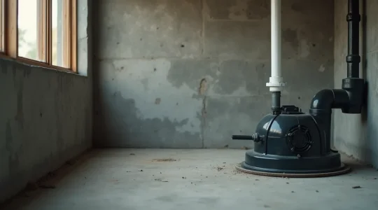 Photographie réaliste d'une pompe à puisard installée proprement dans un sous-sol avec un éclairage cinématographique mettant en valeur les textures du béton et des tuyaux, cadrage basé sur la règle des tiers avec un fond épuré et espace négatif