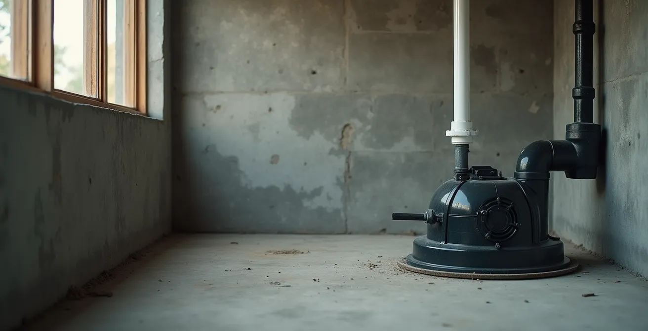 Photographie réaliste d'une pompe à puisard installée proprement dans un sous-sol avec un éclairage cinématographique mettant en valeur les textures du béton et des tuyaux, cadrage basé sur la règle des tiers avec un fond épuré et espace négatif