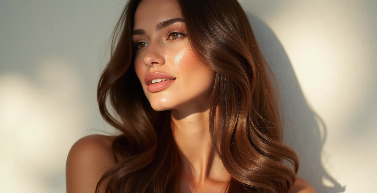 Femme avec cheveux brillants et soyeux dans un cadre épuré, éclairage doux et bokeh naturel