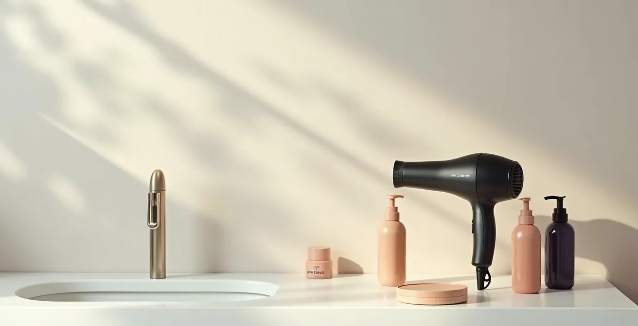 Composition photographique d'une salle de bain avec produits coiffants et appareil chauffant sur fond clair
