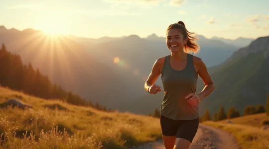 Personne en train de pratiquer une activité sportive en montagne avec paysage inspirant et lumière dorée