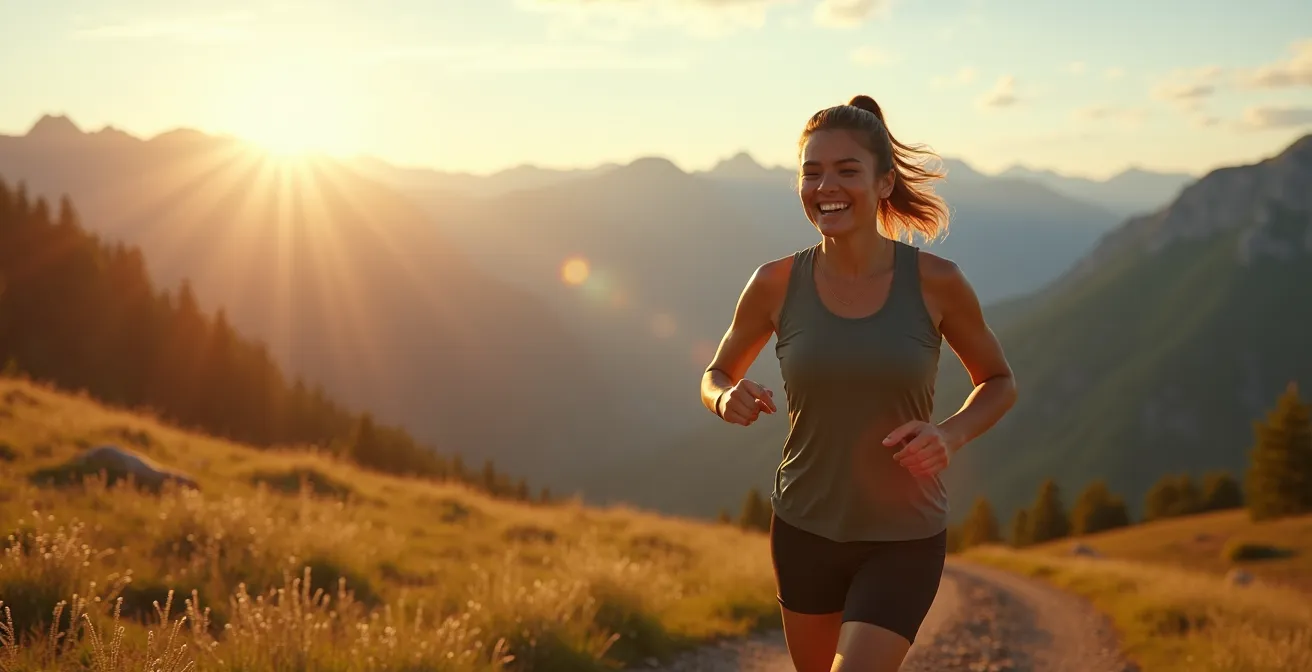 Personne en train de pratiquer une activité sportive en montagne avec paysage inspirant et lumière dorée