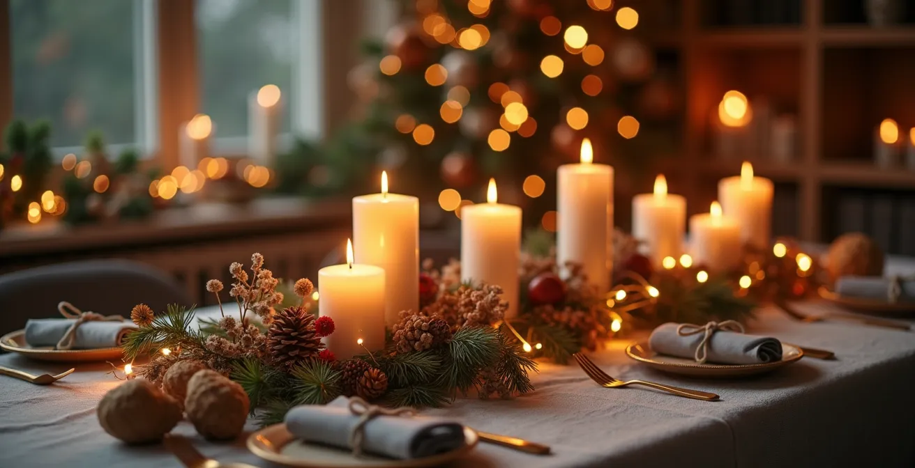 Table de fête de Noël décorée avec des créations artisanales, bougies allumées, fleurs séchées et matériaux naturels
