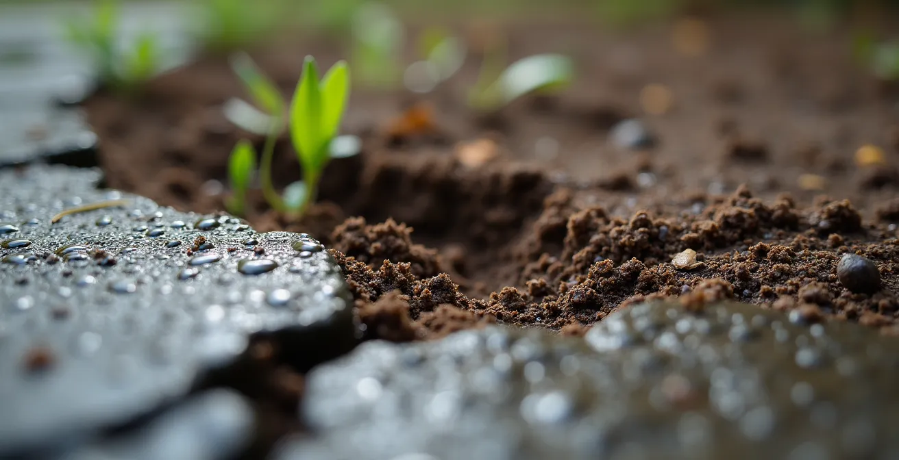 Vue macro détaillée de texture de sol humide avec fondation en béton imbibé d'eau