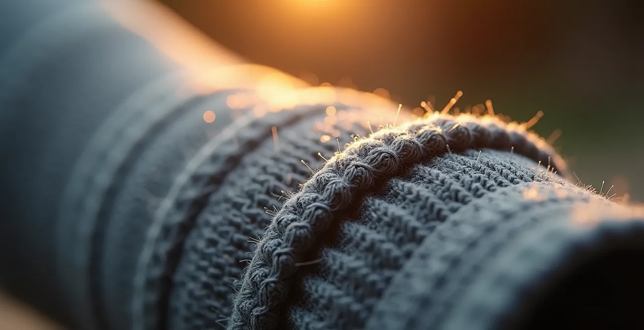 Détail macro des fibres de laine mérinos dans un manchon, montrant thermorégulation et évacuation d'humidité