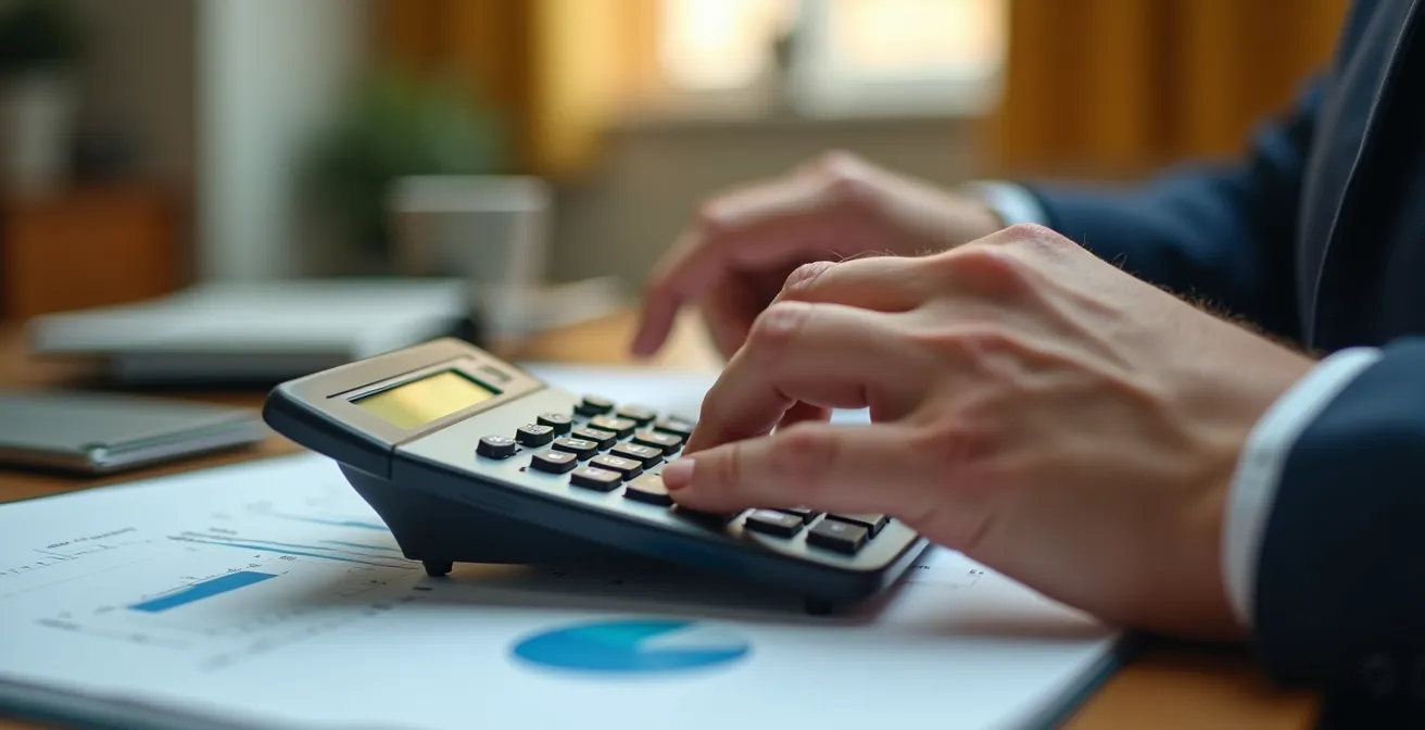 Main analysant des données financières sur une calculatrice sophistiquée