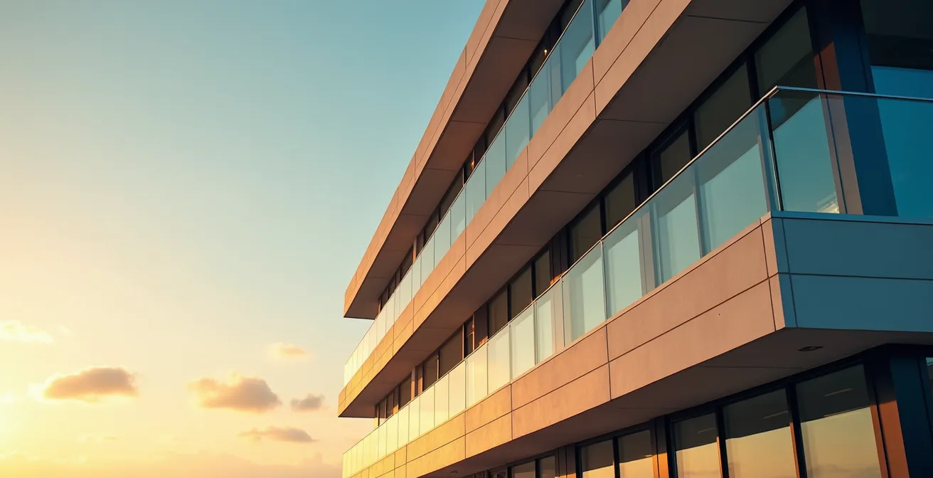 Vue architecturale d'un bâtiment moderne avec espaces négatifs marqués