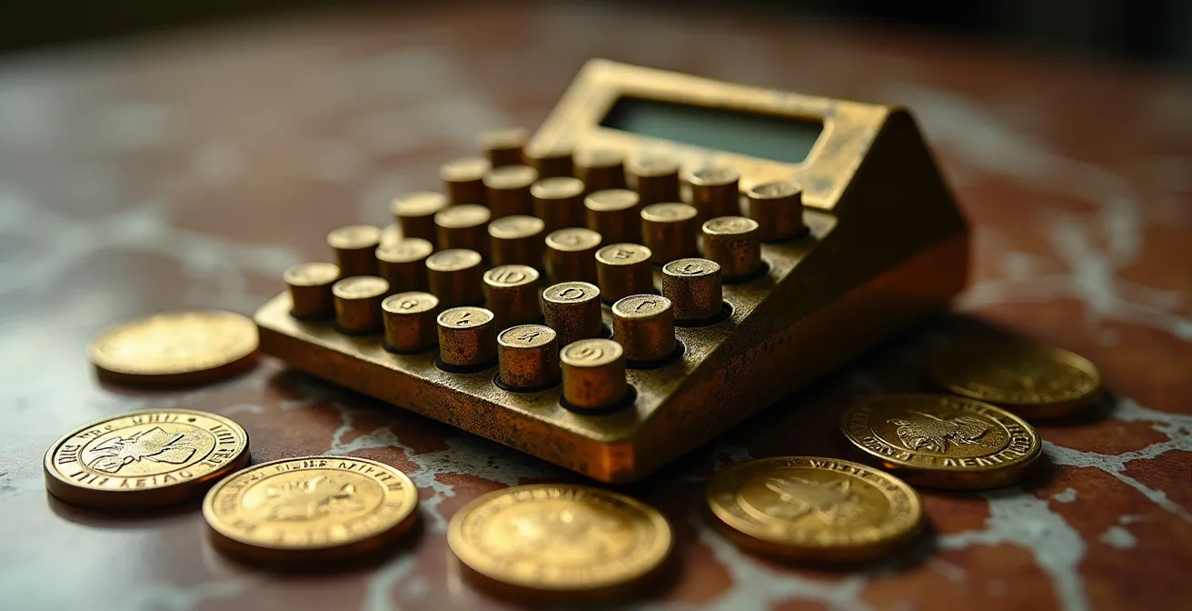 Calculatrice vintage entourée de pièces dorées sur surface en marbre