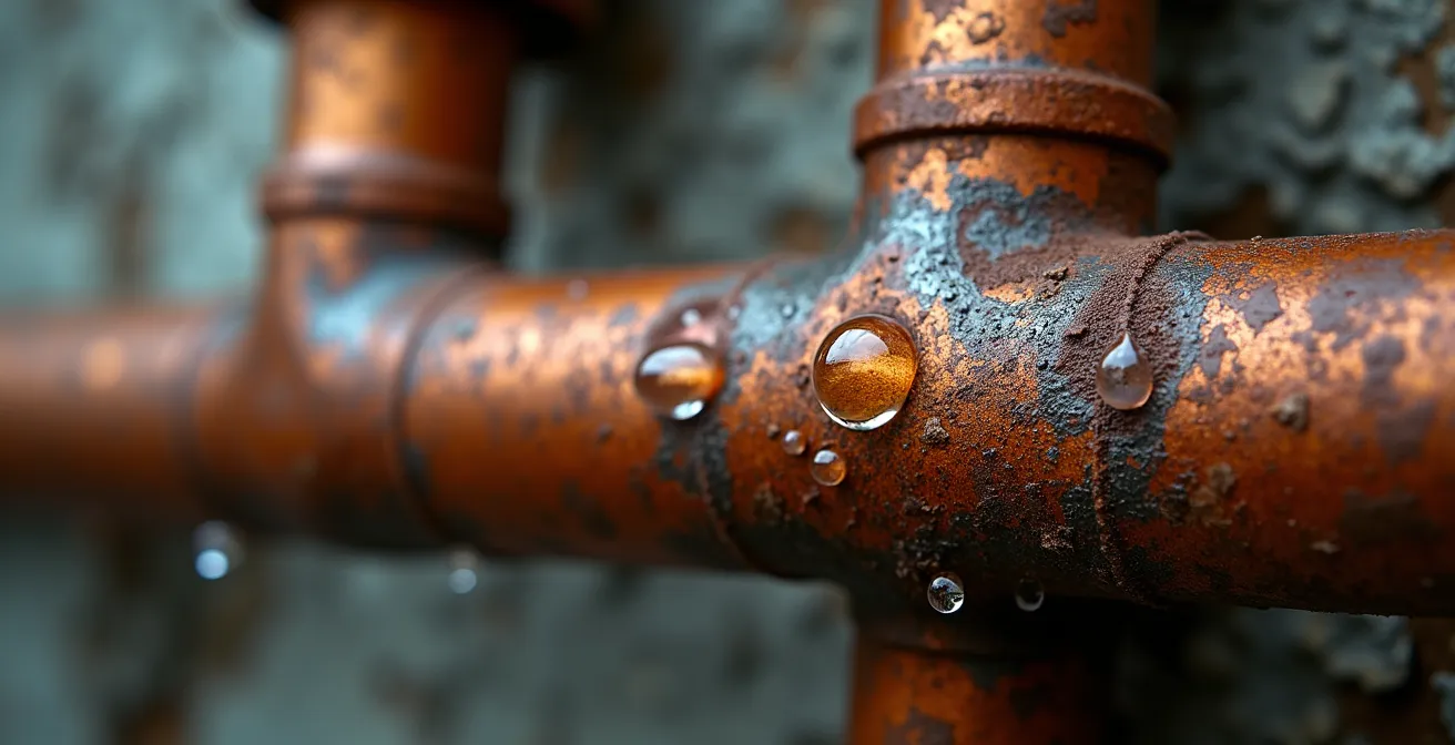 Détail macro de gouttelettes d'eau sur une surface métallique oxydée montrant la dégradation