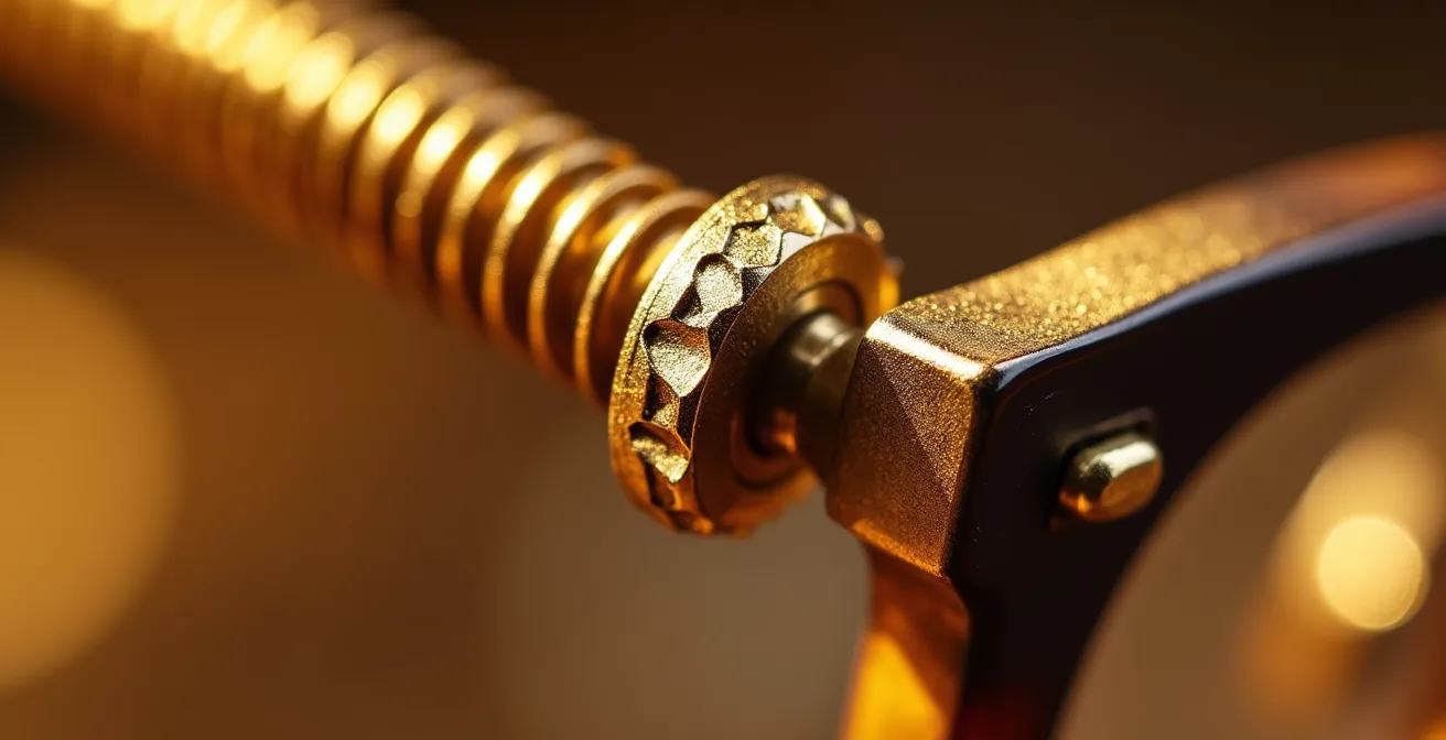 Vue macro d'une vis décorative en métal doré sur une monture