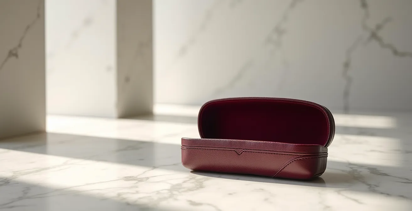 Écrin ouvert en cuir avec intérieur velours sous lumière douce