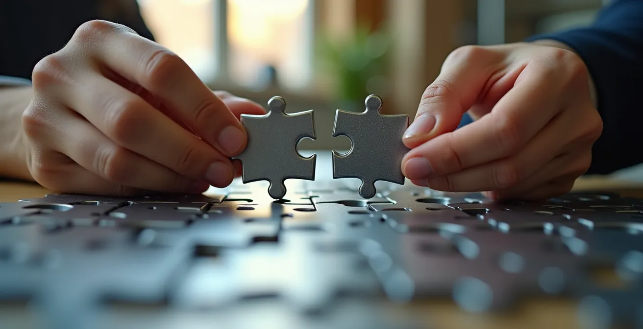 Mains assemblant des pièces de puzzle métalliques représentant la complexité administrative