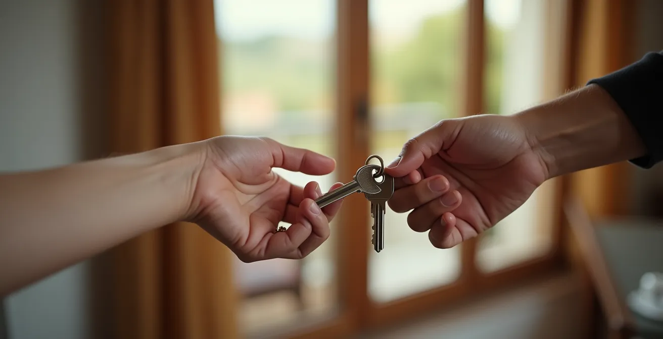 Mains échangeant des clés symbolisant une transition de vie