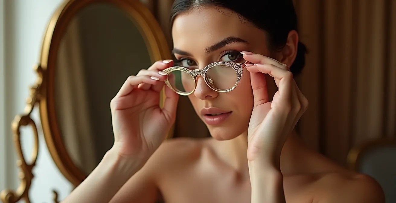 Mains féminines tenant délicatement des lunettes dorées devant un miroir