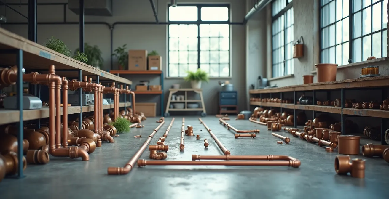 Vue large d'un espace de travail organisé avec outils professionnels disposés méthodiquement