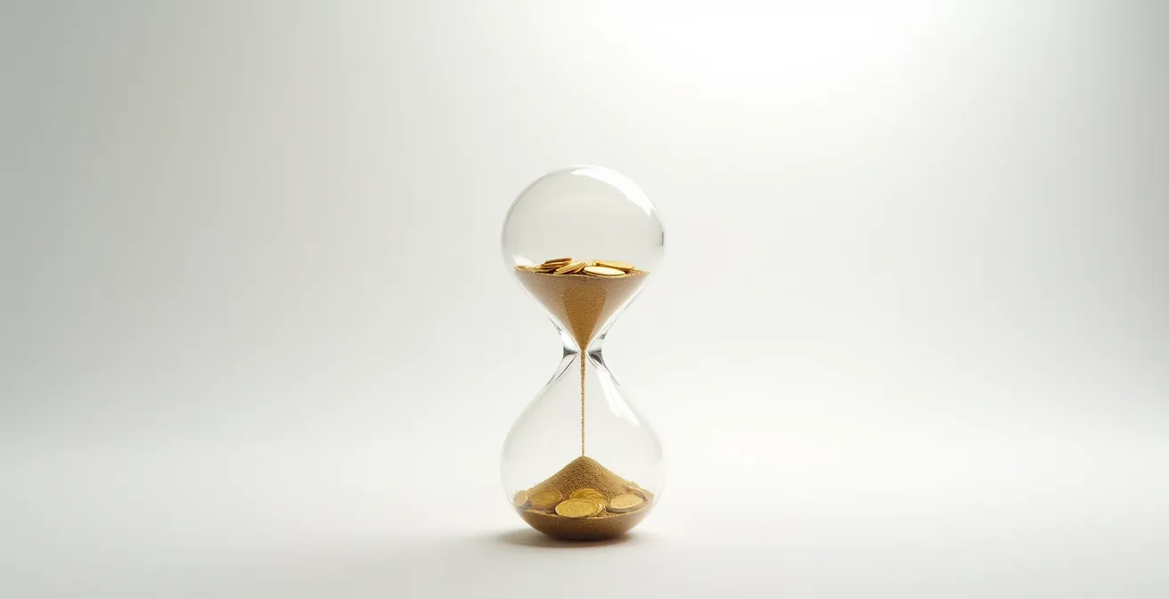 Sablier moderne avec pièces dorées s'écoulant à travers le verre