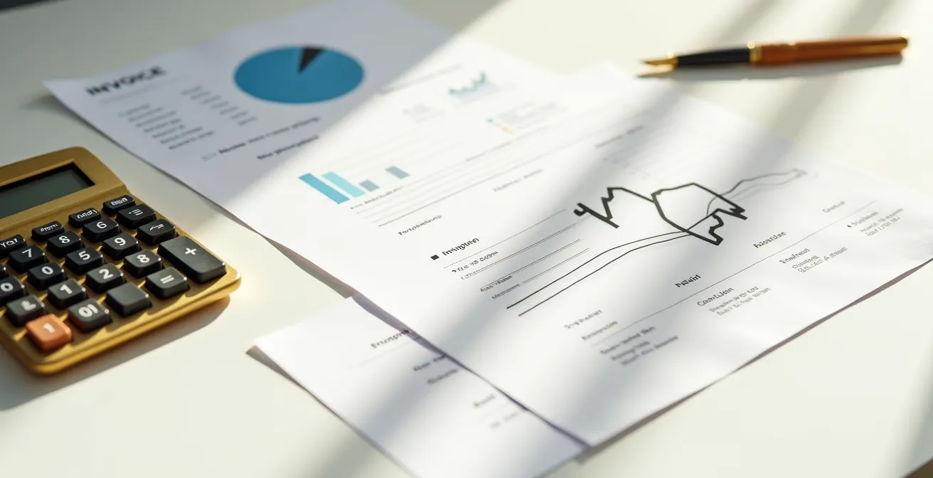 Vue environnementale d'un bureau avec calculatrice et papiers éparpillés suggérant l'analyse de coûts