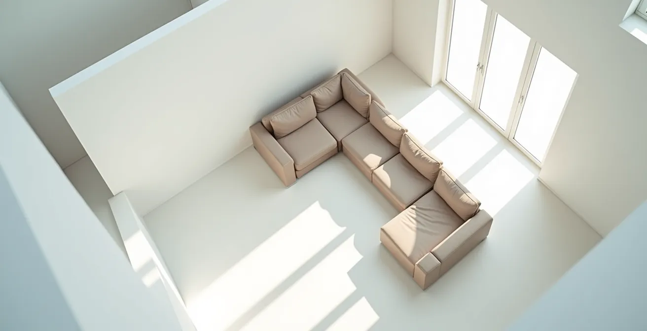 Vue aérienne d'un salon montrant l'optimisation spatiale d'un canapé d'angle