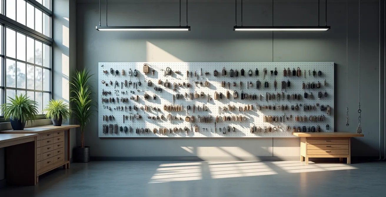 Vue d'ensemble d'un atelier avec rangement organisé de clés et pièces automobiles