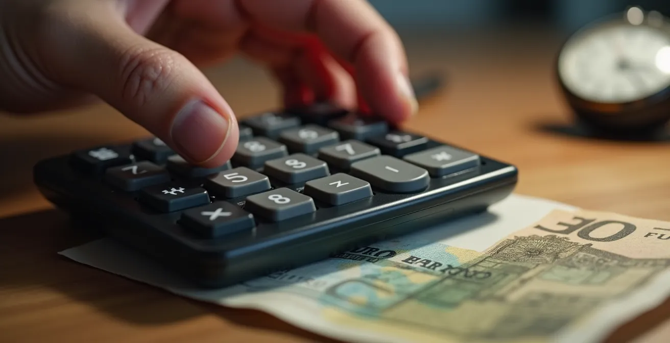 Main calculant avec billets en euros et chronomètre, évoquant le coût temporel et financier