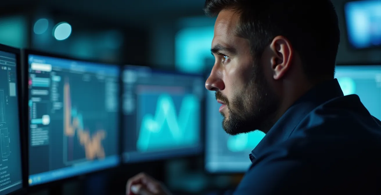 Opérateur de télésurveillance analysant des écrans de contrôle dans un centre de surveillance moderne