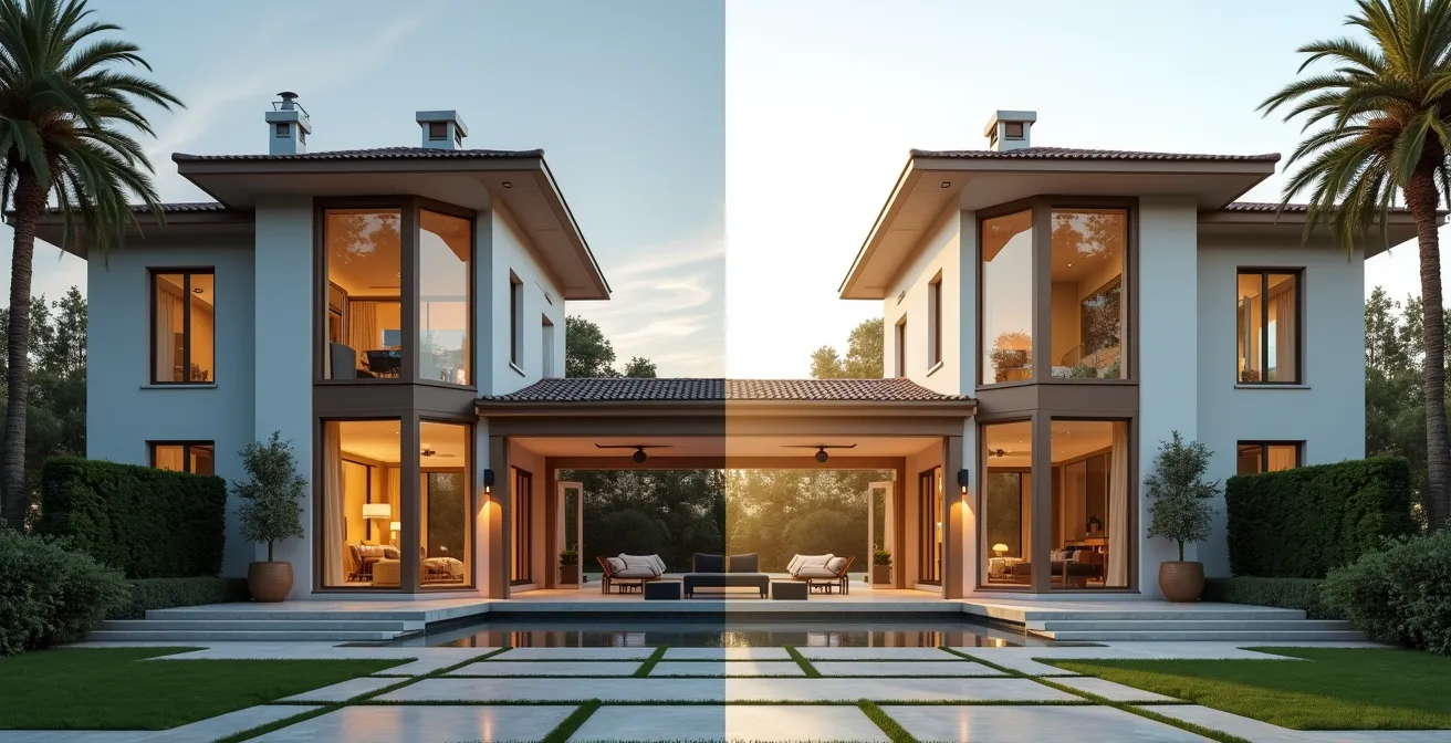 Comparaison visuelle entre deux maisons identiques, l'une avec ascenseur vitré visible, l'autre sans