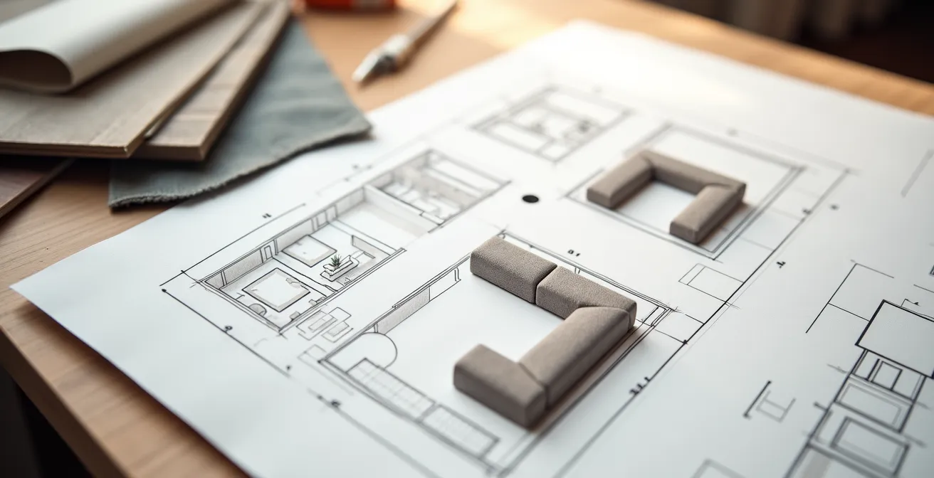 Plans architecturaux montrant différentes implantations de canapé d'angle