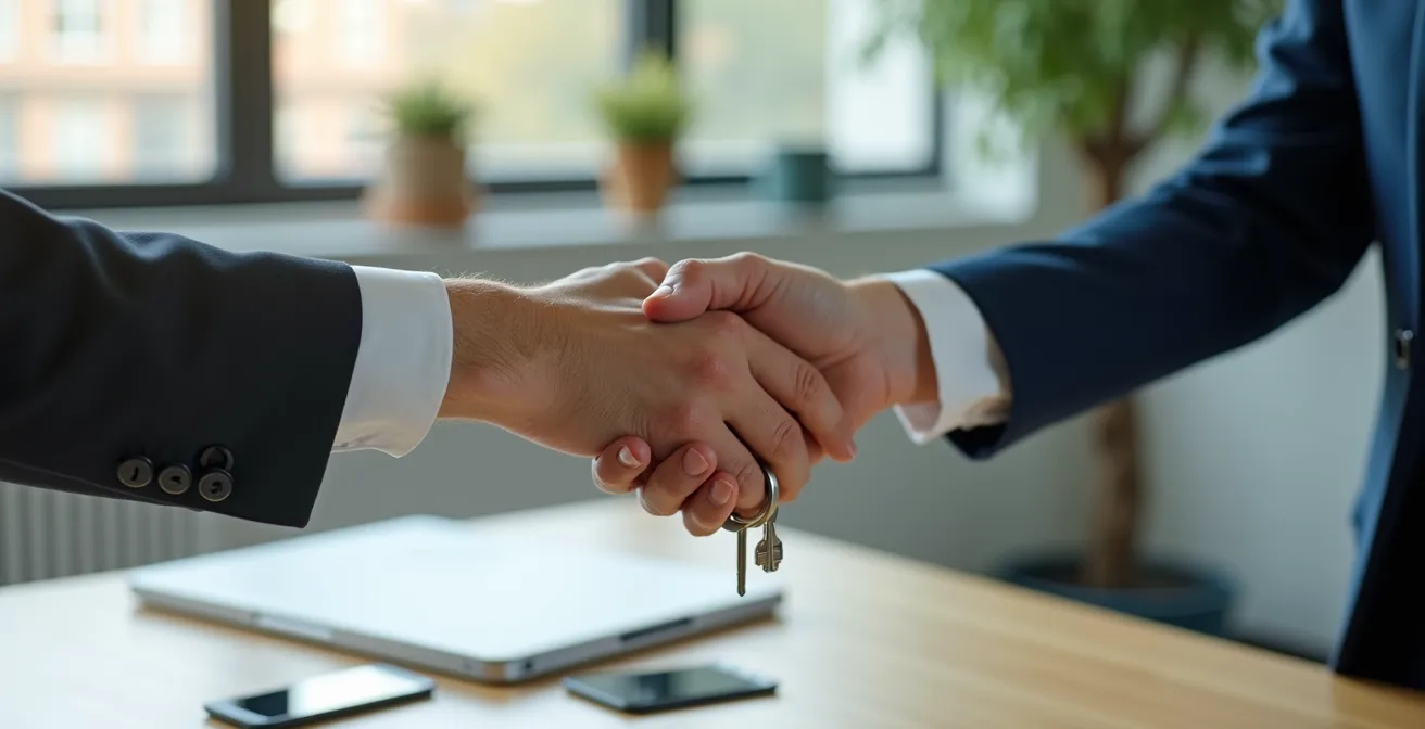 Mains professionnelles échangeant des clés modernes au-dessus d'une table épurée