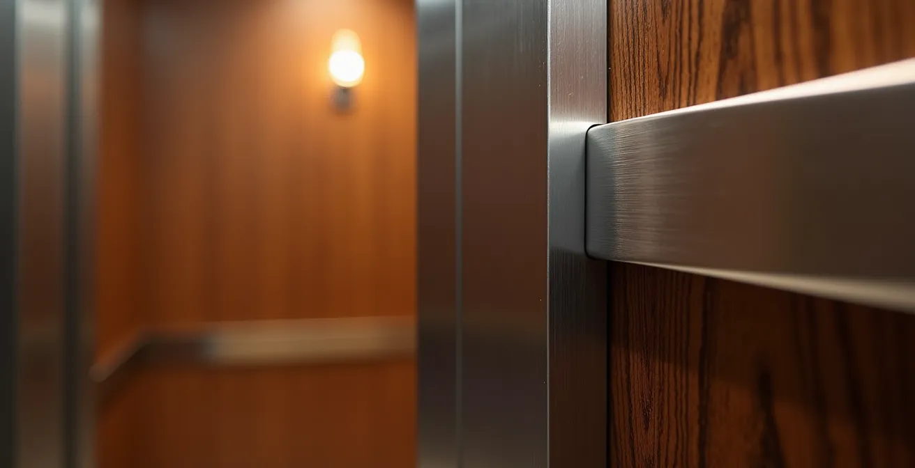Détail macro d'une cabine d'ascenseur avec finitions en bois noble et acier brossé