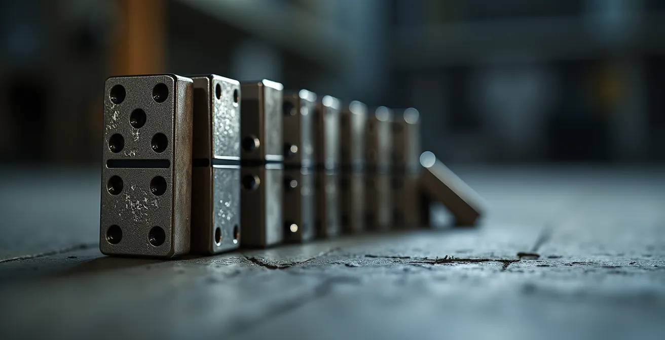 Gros plan sur des dominos métalliques représentant les étapes d'une cascade d'incidents