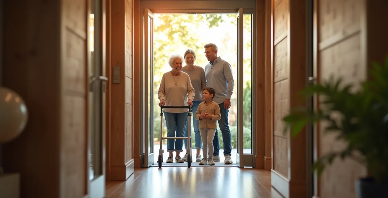 Trois générations d'une famille utilisant ensemble un ascenseur vitré dans une maison moderne