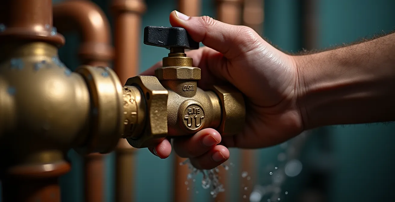 Gros plan sur une main tournant une vanne de secteur dans un placard technique