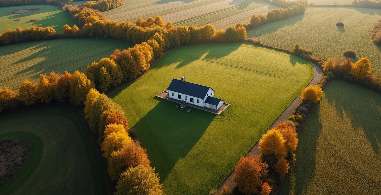 Vue aérienne d'une maison isolée montrant les quatre saisons en transition