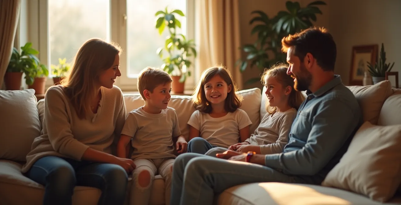 Famille en interaction naturelle sur un canapé d'angle