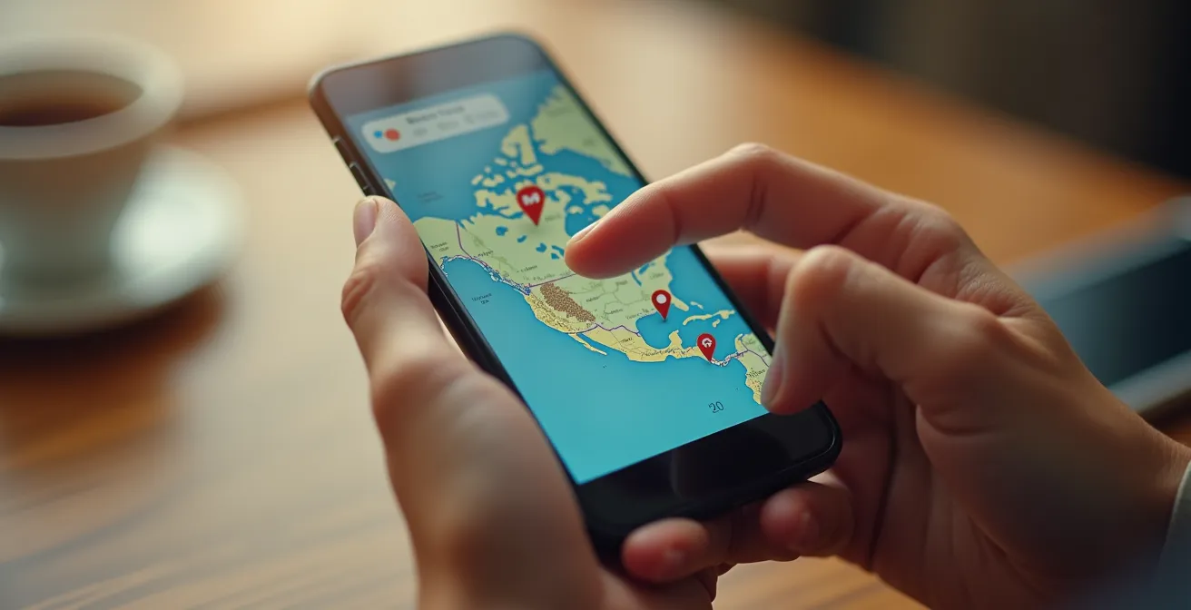 Main tenant un smartphone montrant des avis clients étoilés sur une carte