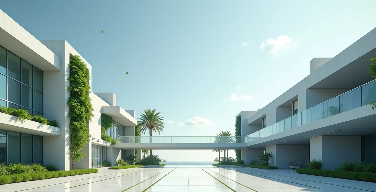 Vue architecturale minimaliste d'une usine futuriste avec espaces verts intégrés