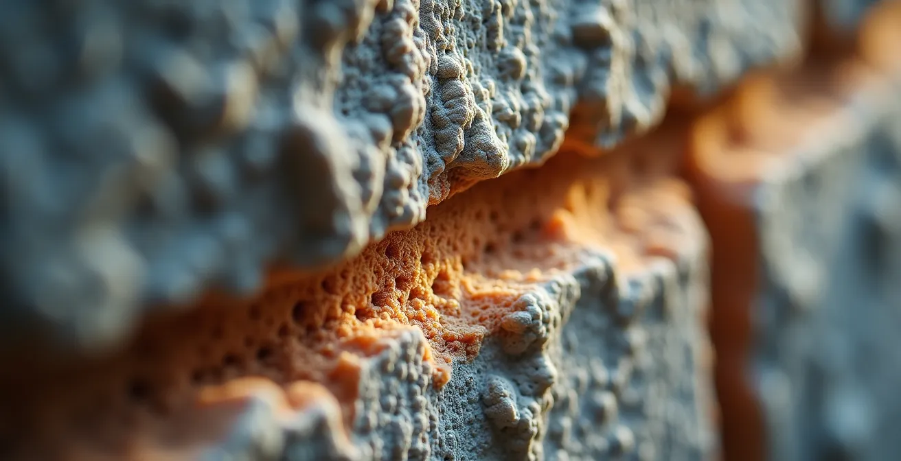 Vue détaillée de la texture d'un mur en pierre ancien avec isolation moderne