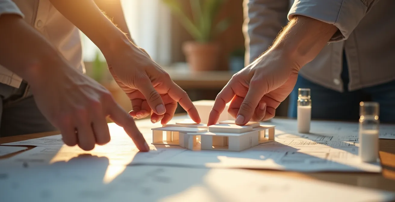 Mains de plusieurs personnes travaillant ensemble sur une maquette architecturale