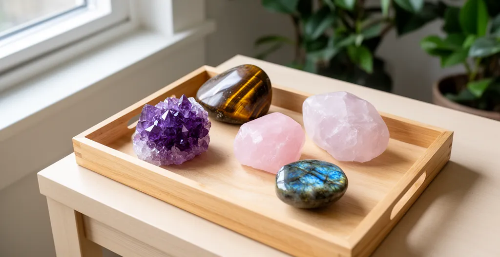 Pierres naturelles polies disposées sur un plateau en bois clair